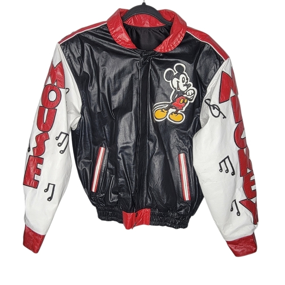 Vintage 90s Disney Mickey Mouse Rock N Roll Reversible Leather Satin Jacket Sz M - Picture 2 of 8